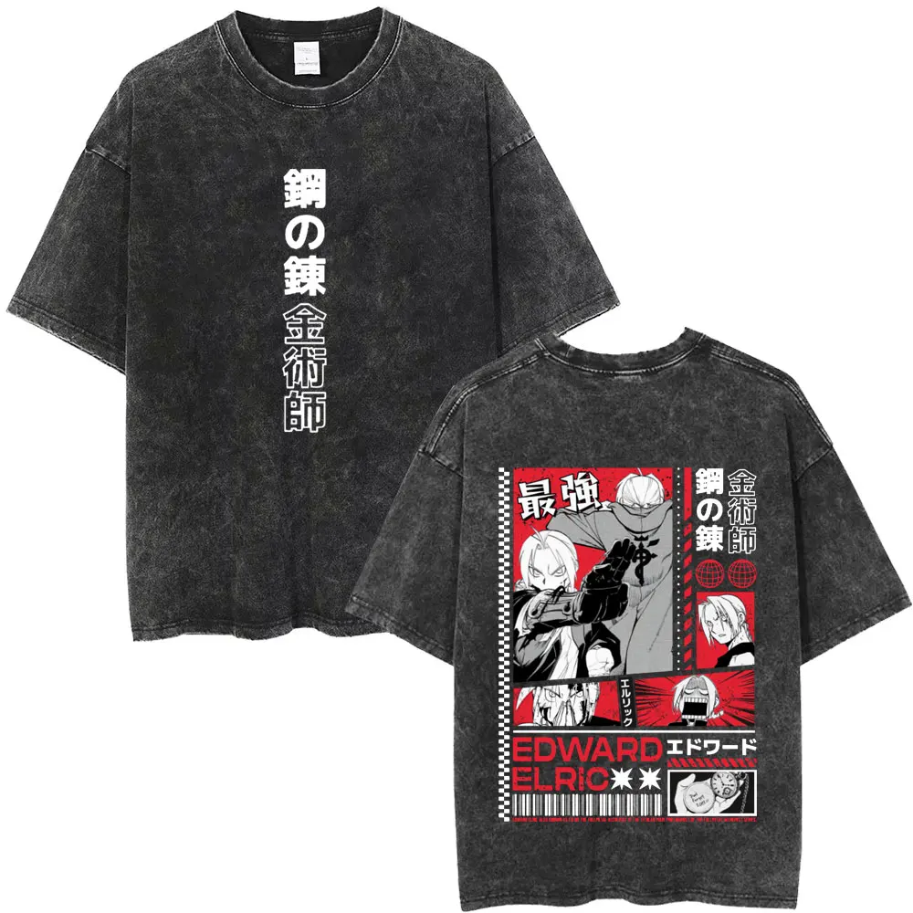 

Washed Vintage Anime Fullmetal Alchemist Manga Edward Elric Graphic T-shirt Men Women Clothing Manga Casual Oversized T Shirts