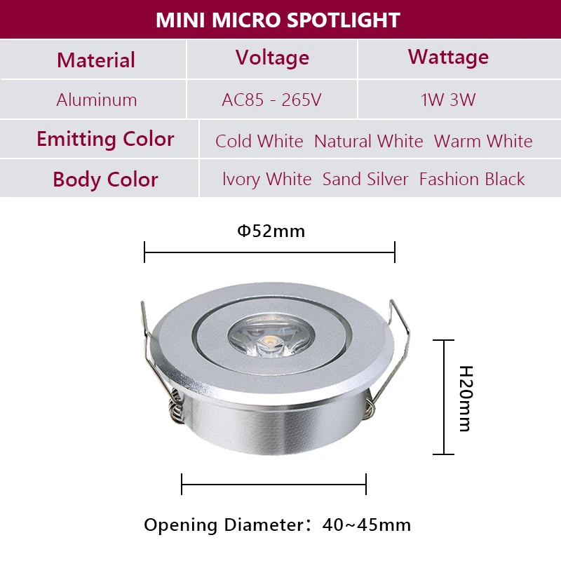 6pcs Led Mini Downlight 1W 3W Dimmable Spot Light Recessed Lamp AC85-265V Ceiling Light Aluminium 52mm With Driver