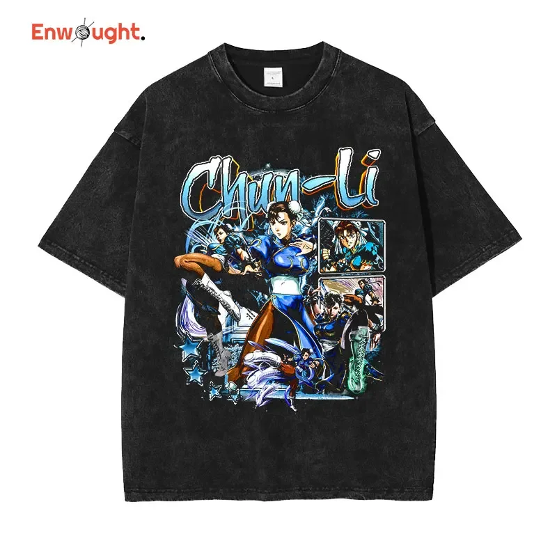 Elastic Li Street Fighter T shirt PC game Ryu Akuma vintage tapping top tee hip hop short sleeve oversized T-shirt 100% cotton