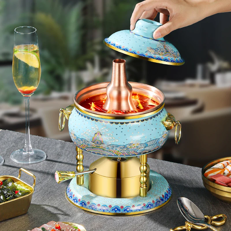 Enamel Color Inflatable Small Hot Pot Pure Copper Gas Stove Shabu Shabu Hot Pot Shabu Pot Cookware Old Beijing Hotpot Cookware view 2