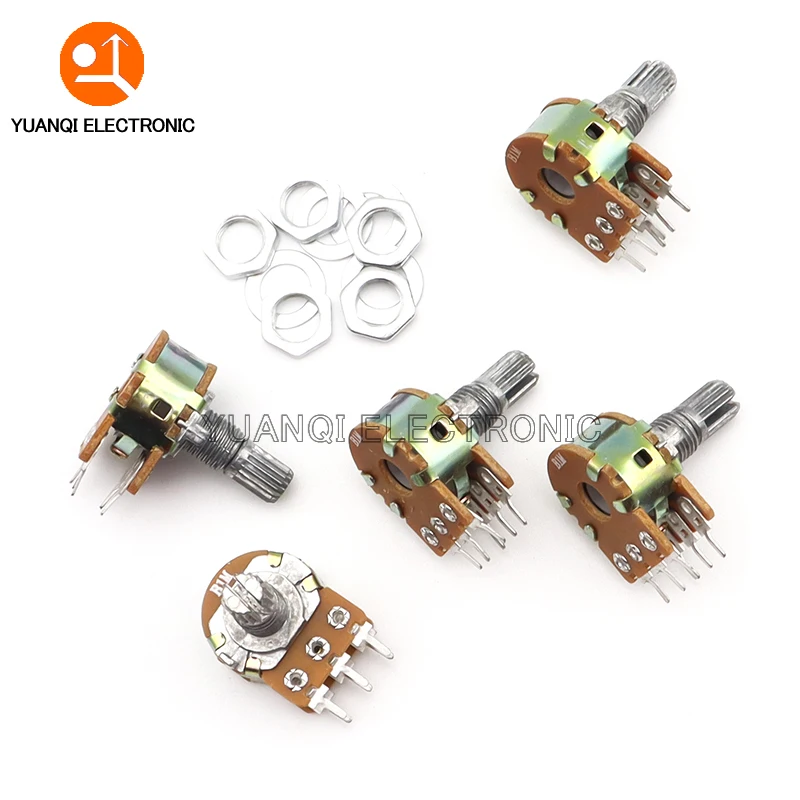 5pcs WH148 B1K B2K B5K B10K B20K B50K B100K B500K 6Pin 15mm Shaft Amplifier Dual Stereo Potentiometer 1K 2K 5K 10K 50K 100K 500K