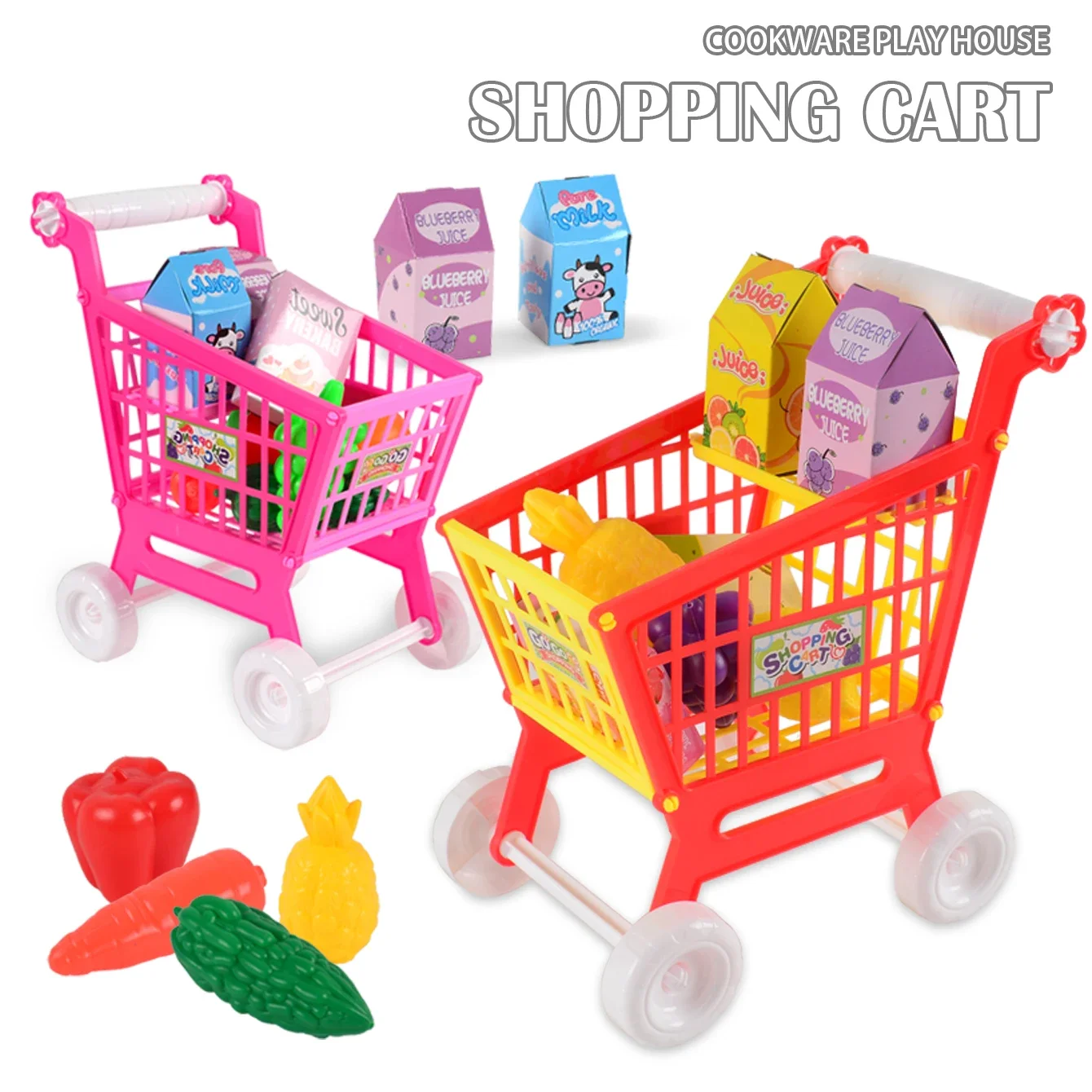 Shopping Cart Toys Fruit Vegetables Trolley for Groceries Supermarket Playset Play Food Role Kitchen Store for 3+ Kids