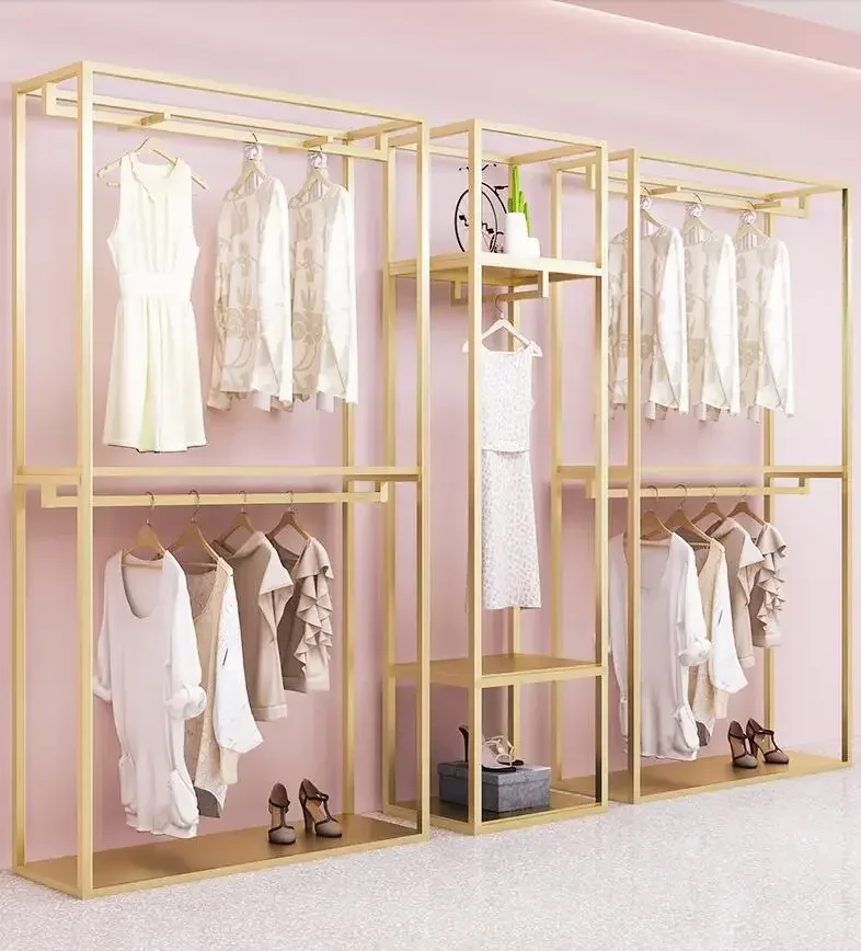 

Clothing store display racks floor-standing women's clothing store special display gold hangers High performance