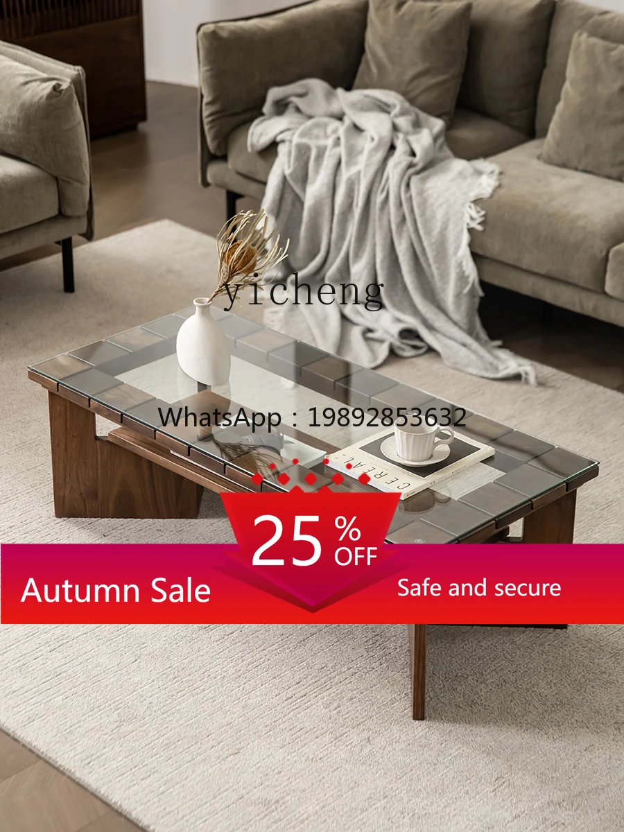 

Black Walnut Rectangular Double-Layer Glass Coffee Table Living Room Small Tea Table Sofa Side Table