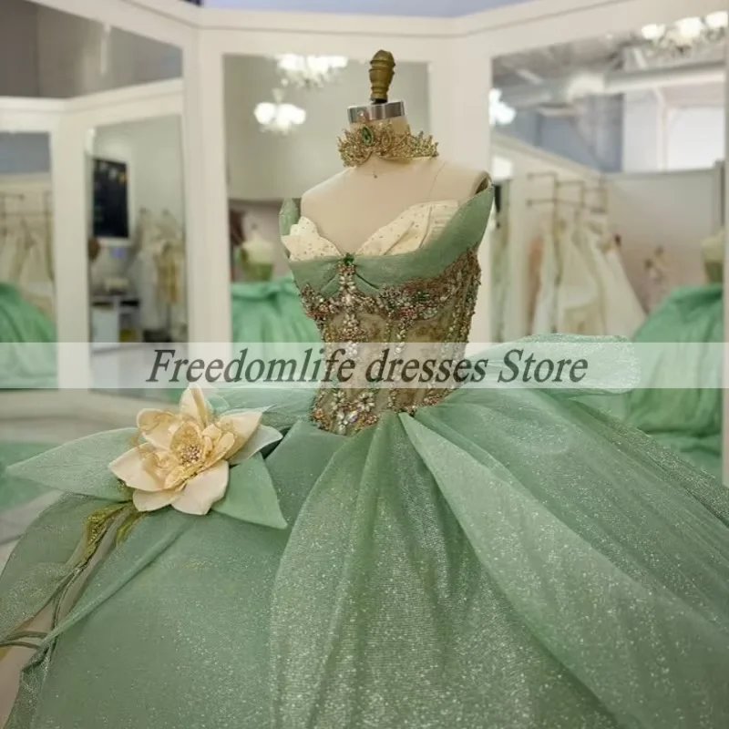 Youthful Quinceanera Dresses Green Sleeveless Hand Made Flowers Diamonds Ball Gown For Women Vestidos De 15 Años Customized