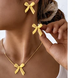 Stainless Steel Set Small Delicate Unique Bow Line Textured Necklace Earrings Two Piece Set For Women Jewelry Party Accessories