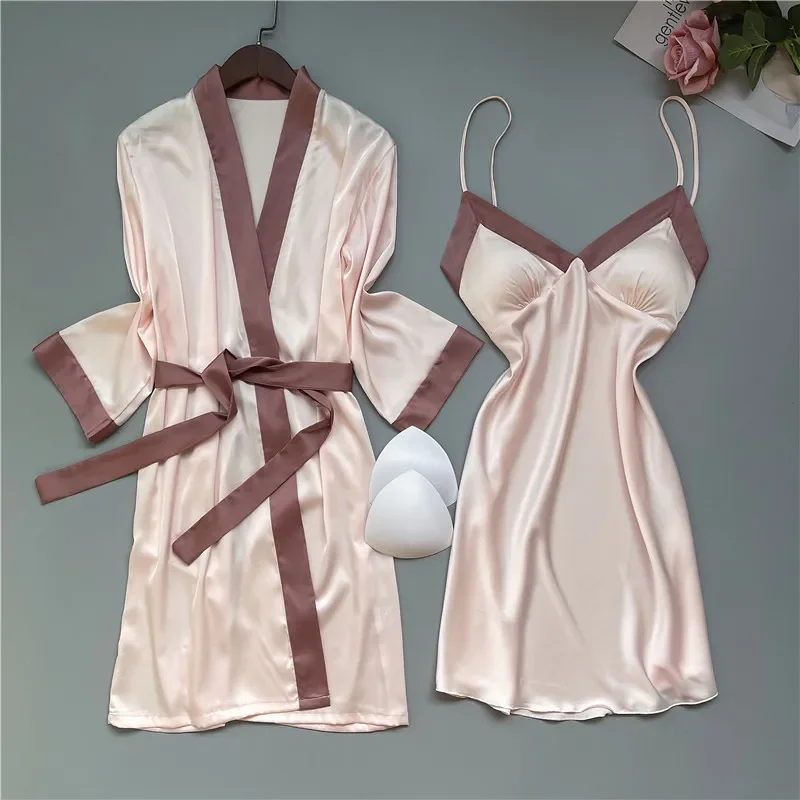 

Sleepwear Bride Bridesmaid Weeding Robe Women Sexy Bathrobe Faux Silk Kimono Gown Patchwork Lingerie Sets Nightwear With Pads