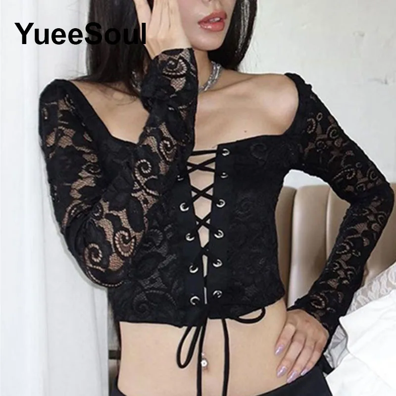 Lace Transparent Sexy Women T-shirts Solid Long Sleeve Female Tee 2024 Summer New Y2K Aesthetic Casual Streetwear Women Clothes