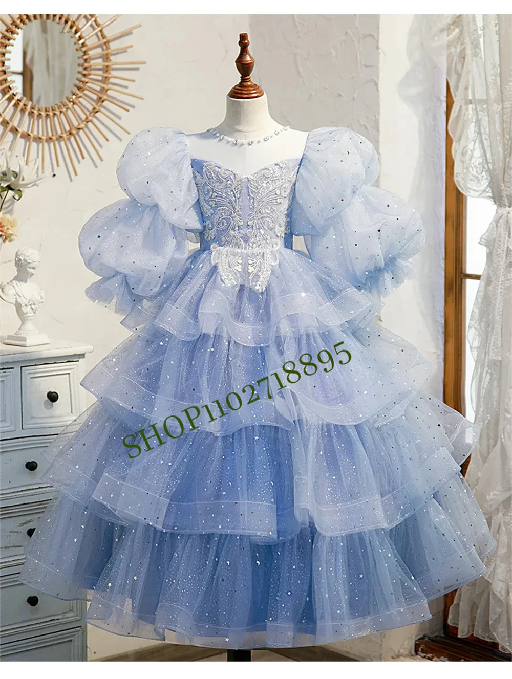 

Flower Girls Princess Sequins Baby Wedding Christmas Party Trailing Dress Teenager Children Kids Elegant Vestidos