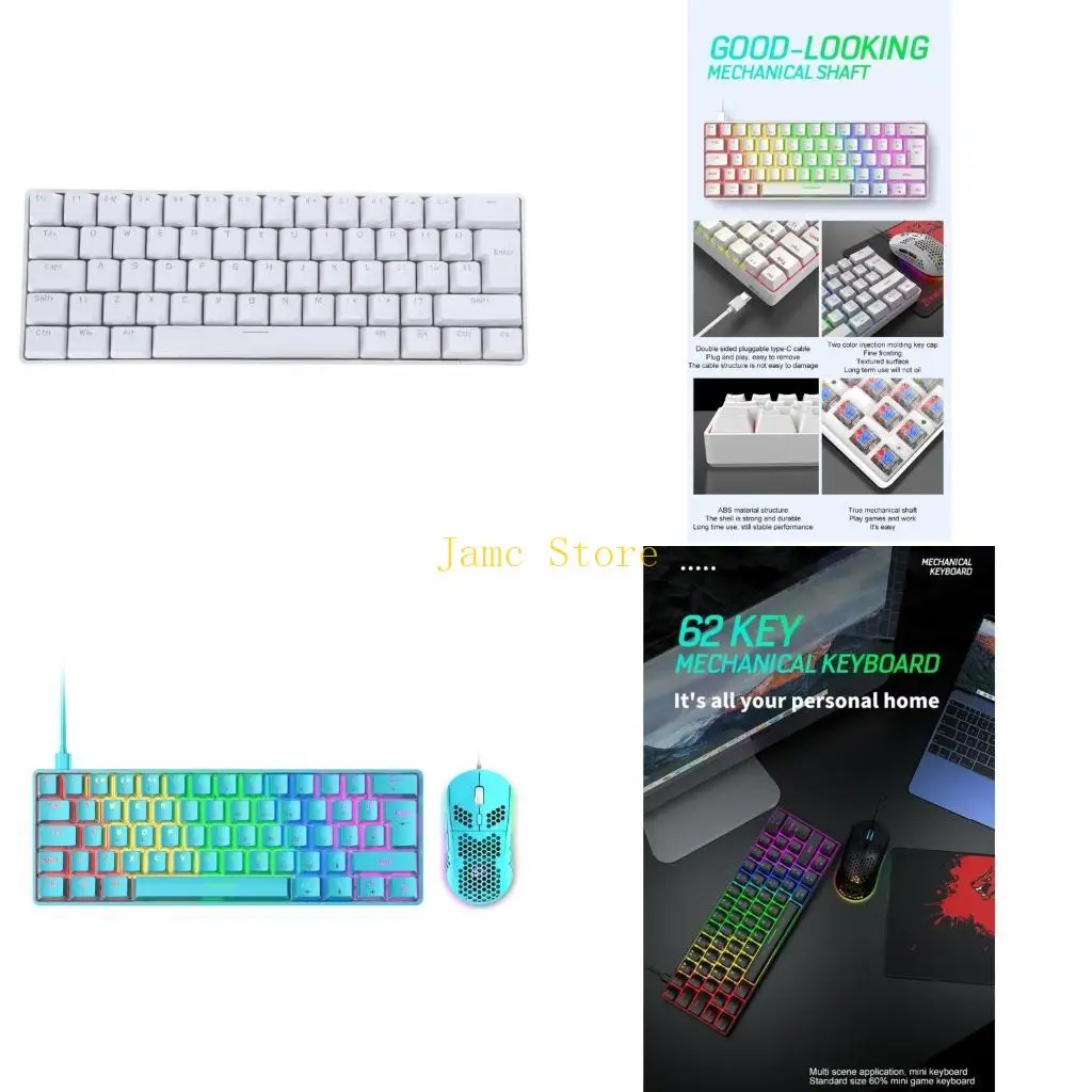 

LX0B T60 Keyboard and Mouse Set Mechanical Keyboard Set 62 Keys RGB 6400 DPI Optical Gaming Mouse with Pad For Gamer Desktop