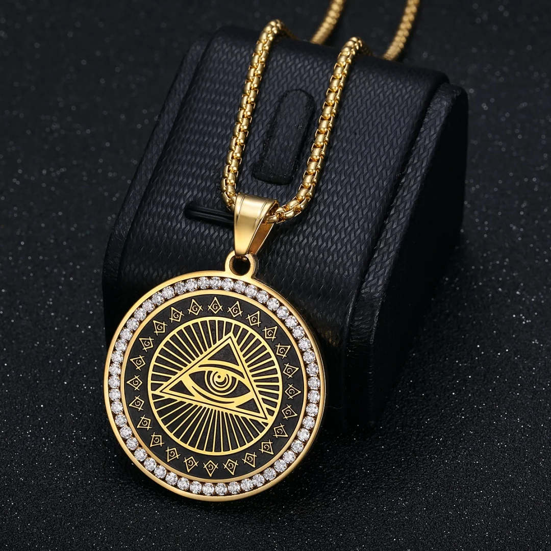 Punk All Seeing Eye of Providence Pendant Gold Silver Color Stainless Steel Mason Round Necklace for Woman Man Masonic Jewelry