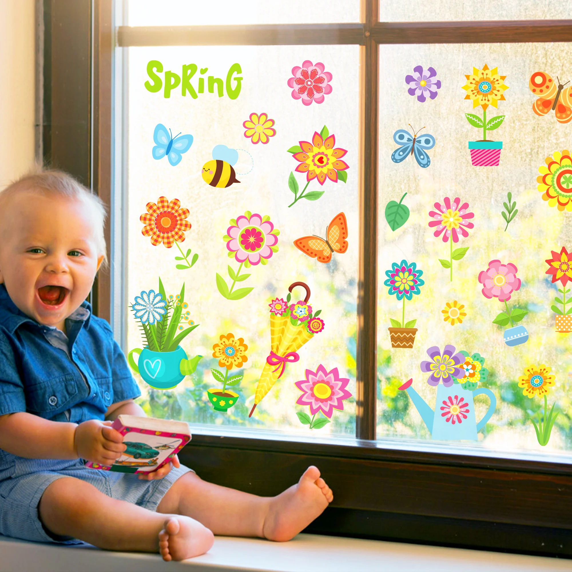 8 Sheets Cartoon Spring Flower Sun Butterfly Decoration Window Static Stickers Glass Decor Ornaments Home DIY Glass Clings