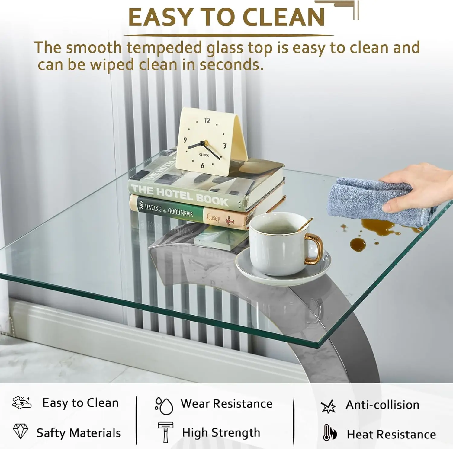 Glass End Table, 22.83"" Square Side Table With Tempered Glass Top And Silver Mirror Finish Stainl Steel C-Shaped Base, Modern