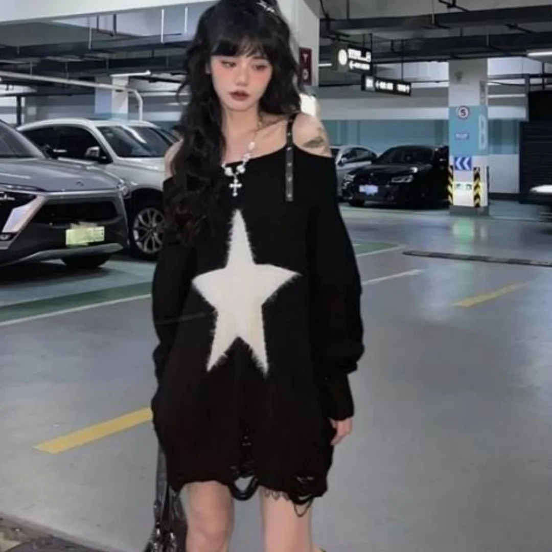 

Autumn star pattern one shoulder subculture punk rivet off shoulder thin pullover women's knitted sweater street wear sweater