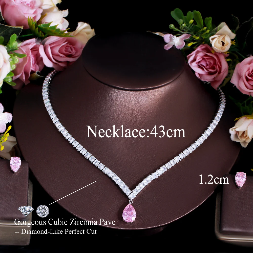 CWWZircons Elegant Shiny Pink Cubic Zirconia Water Drop Wedding Engagement Party Necklace Bridal Jewelry Sets Accessories T729