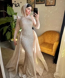 Vestido de novia Mulim Middel East, precioso vestido de novia con tren desmontable, bordado completo con cuentas, talla grande, hecho a medida, 2023