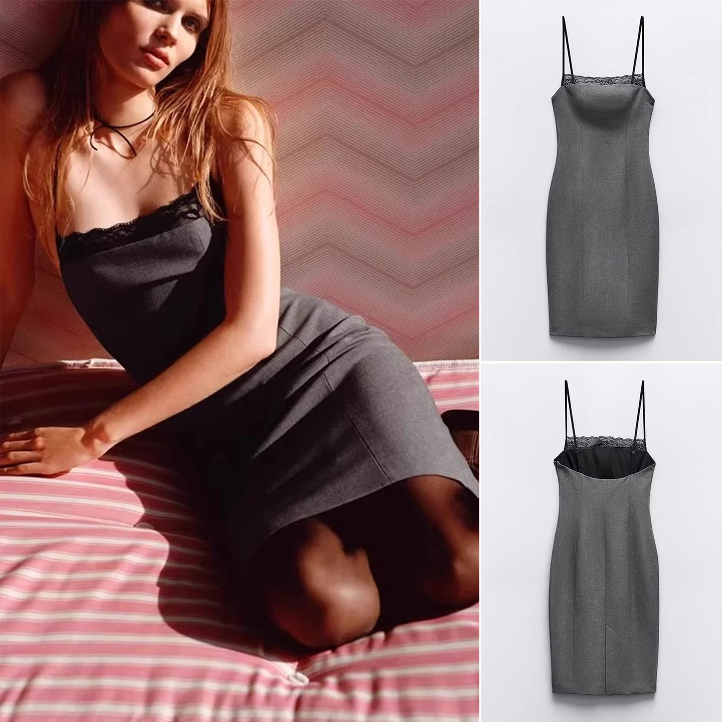 여름 신상 여성 디자인 감각 레이스 디테일 스트라이프 스트랩 드 하이웨이스트 폴리에스터 섬유 100% 출퇴근 슬레 미디 드