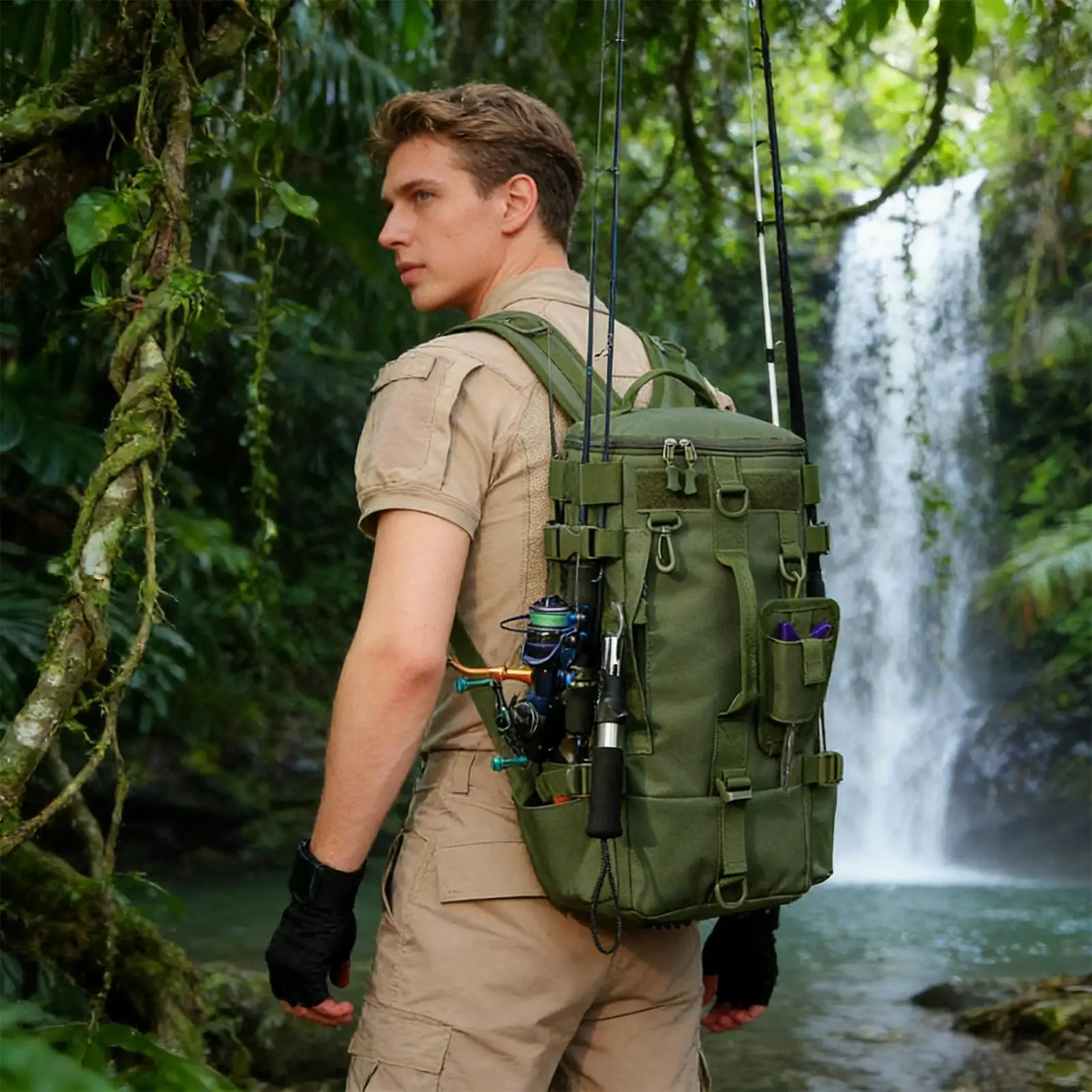 حقيبة ظهر لصيد السمك حقيبة أكسفورد متعددة الجيوب صندوق أدوات صيد السمك مع حامل قضيب للرجال والنساء طُعم المشي لمسافات طويلة #2