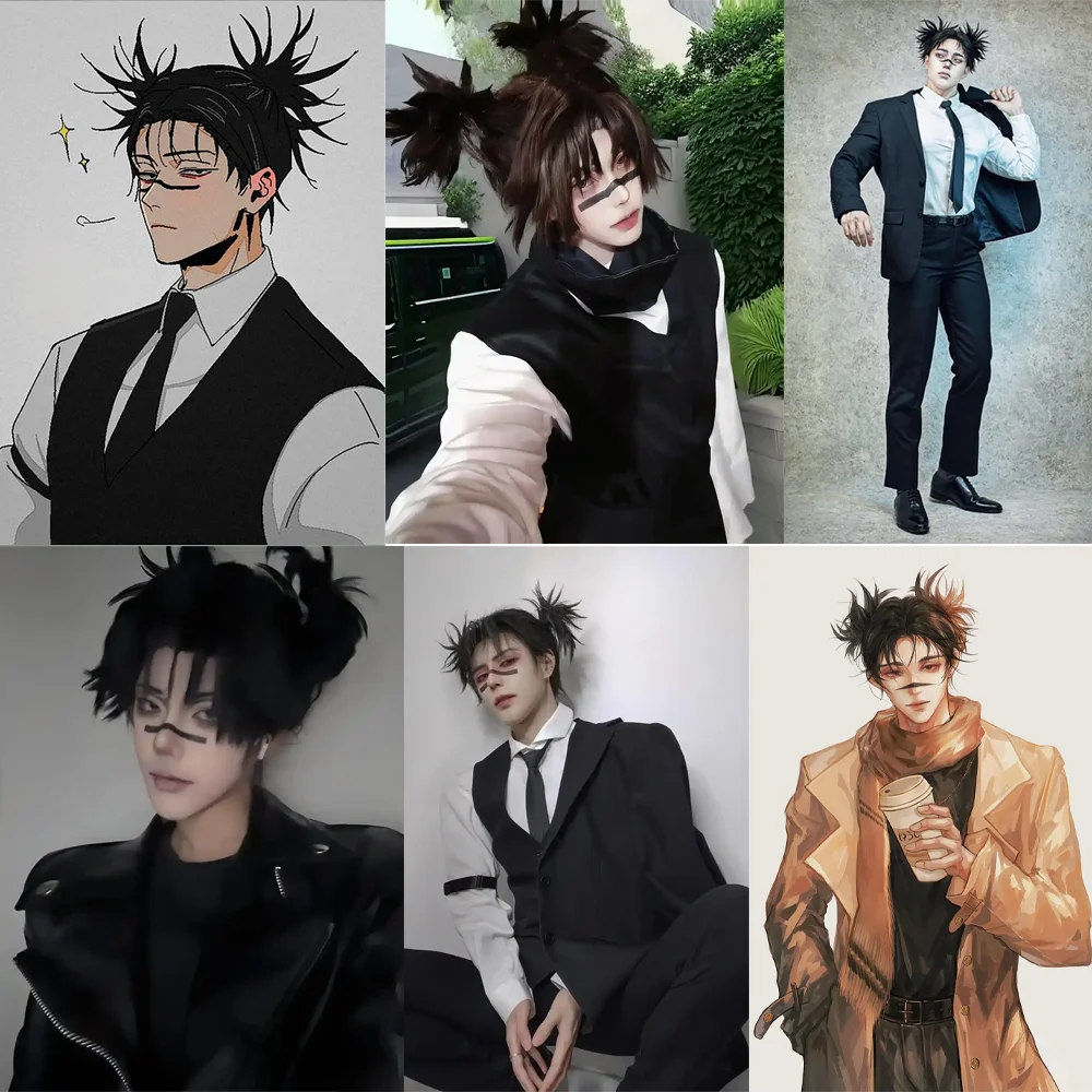 أنيمي Jujutsu Kaisen Choso تأثيري الشعر الاصطناعية 14 بوصة أسود مزدوج ذيل حصان كرنفال حفلة يومية عالية الجودة شعر مستعار رقيق