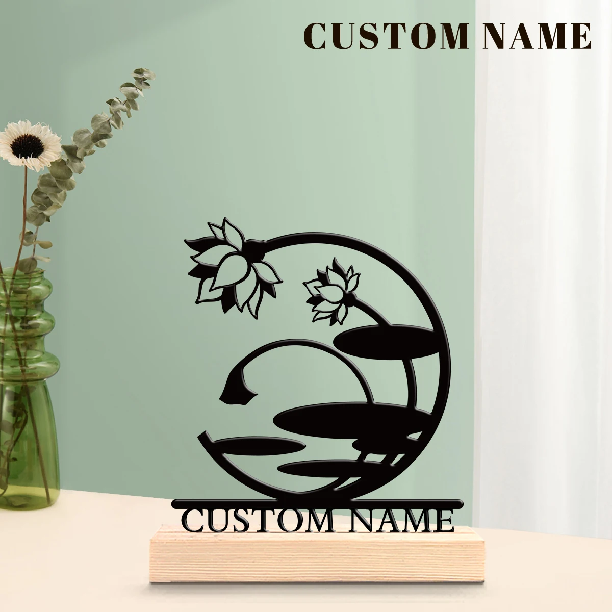 1Pc Csutom Name Blooming Lotus Wooden Base Metal Art Ornament,Home Office Hotel Cafe Club Decor,Ideal Gift for Family Friends