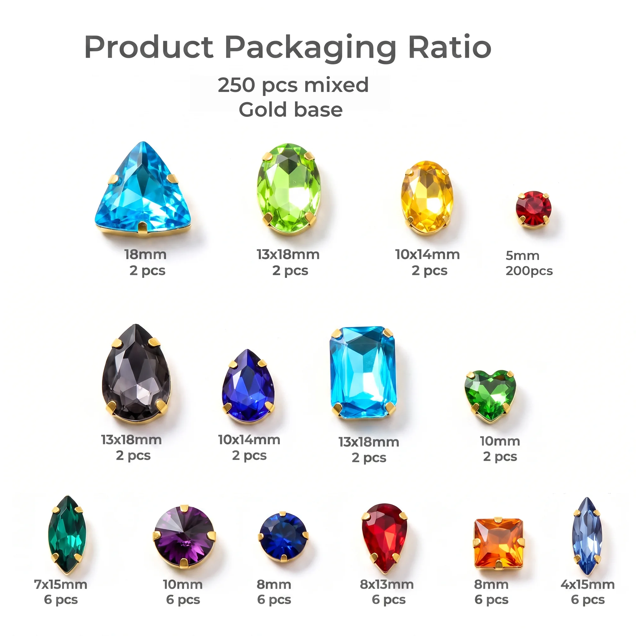 250 Stück/Beutel Gold-Krallenfassungen in verschiedenen Formen und Farben, Glaskristalle zum Aufnähen, Strasssteine für Kleidung, Schuhe, DIY-Verzierung – Detail 2