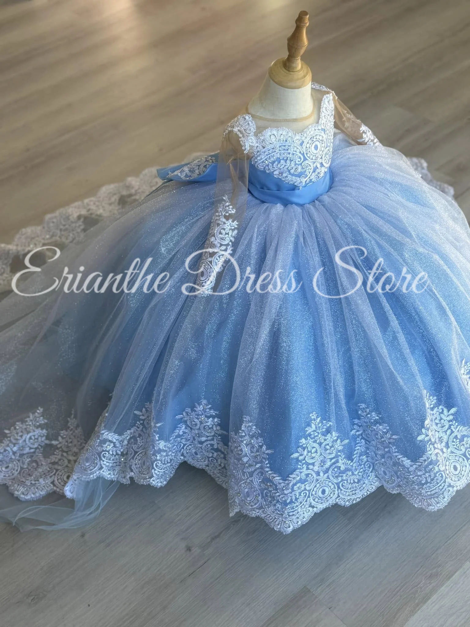 Blue Tulle Puffy Applique Lace Flower Girl Dress For Wedding Princess Kids Birthday Party First Communion Ball Gowns Customized