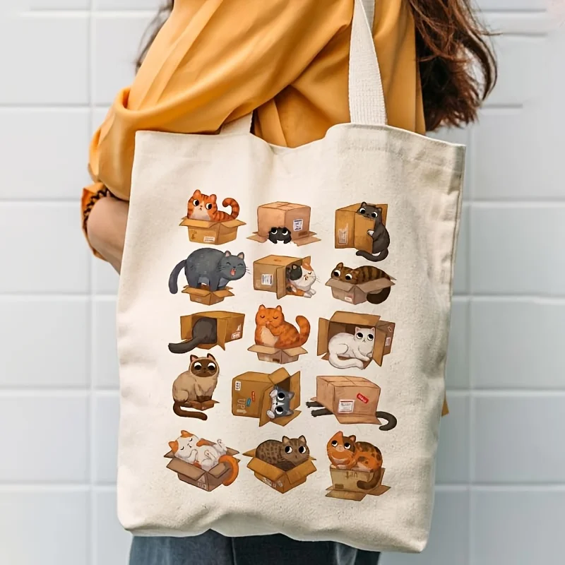 1pc, Cute Cat Tote Bag with Box Design Lightweight Shoulder Bag, Removable Strap Open Top for Cat Ladies Casual Bag