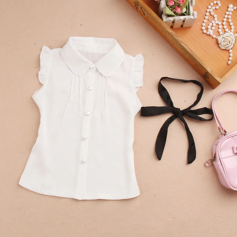 Summer Girls Clothes Casual Chiffon Sleeveless Blouse for Big Kids Korean Teenage Turn-down Collar White Shirts Black Bow Tops