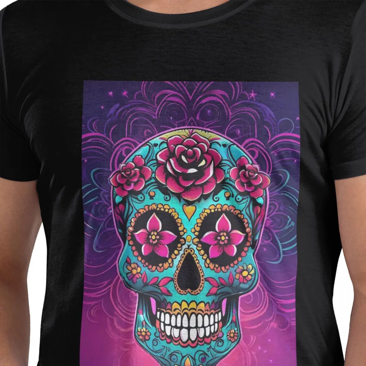 

Футболка из 100% хлопка с мексиканским сахарным черепом и цветами, мужские забавные футболки, мужские футболки с круглым вырезом и коротким рукавом, S-6XL