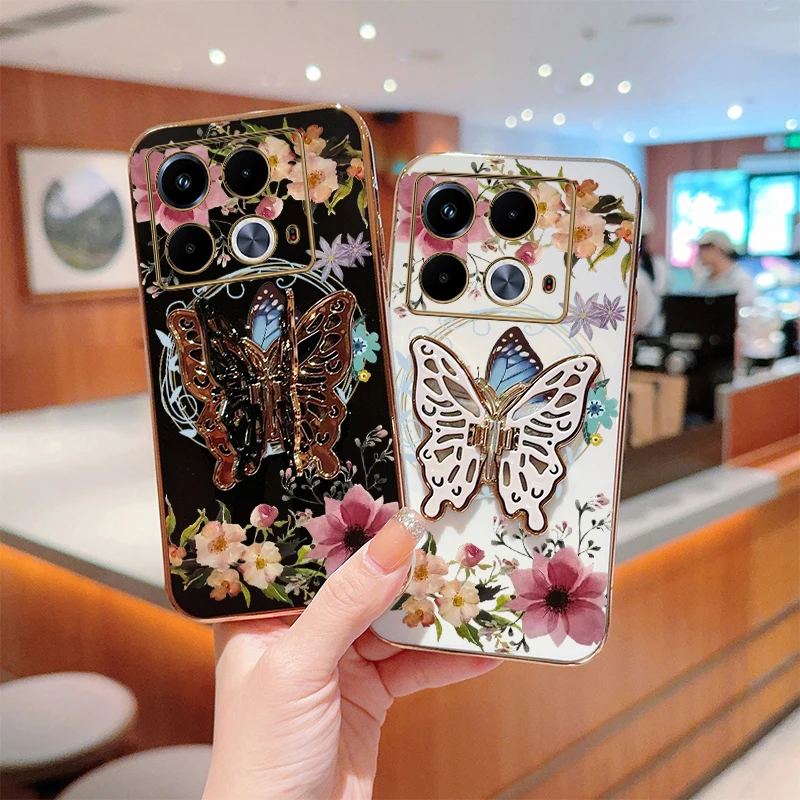 N ote 40 Flower Butterfly Plating Holder Phone Case For Infinix Note 40 30 11 40Pro GT20Pro 11Pro 12Pro 30Pro Hot 12 30 40 Cover