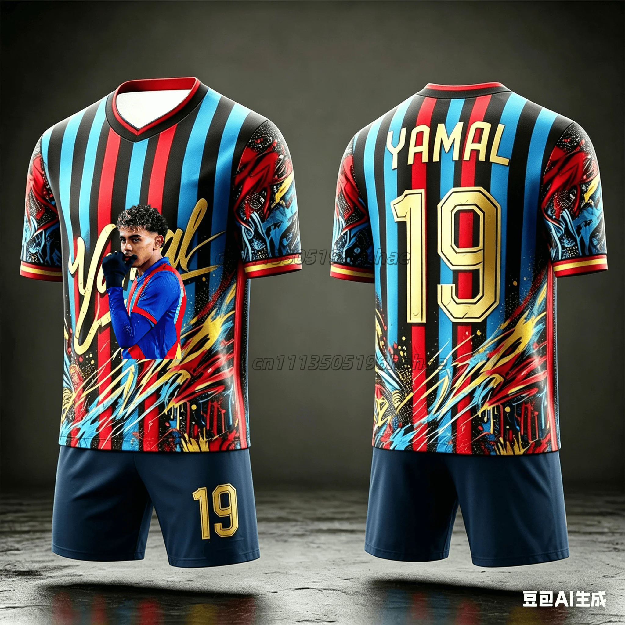 Summer New Collection # Yamal 19 # Fan Commemorative 3D Striped Adult/Children Training Daily Activity T-shirt Shorts Set