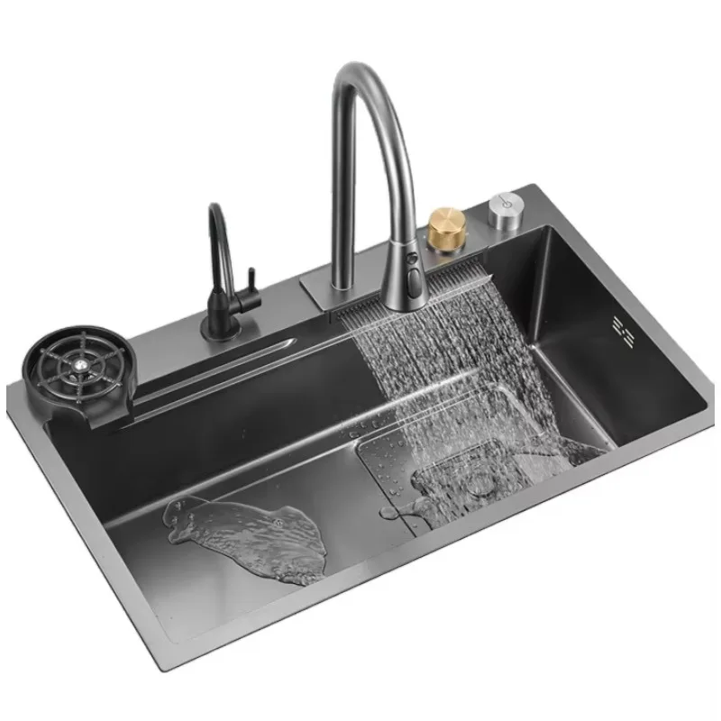 Complete Whole Set Waterfall Kitchen Sink Big Single Bowl With Dish Rack Under Mount Sinks Stainless Steel Carton Box Modern Gua