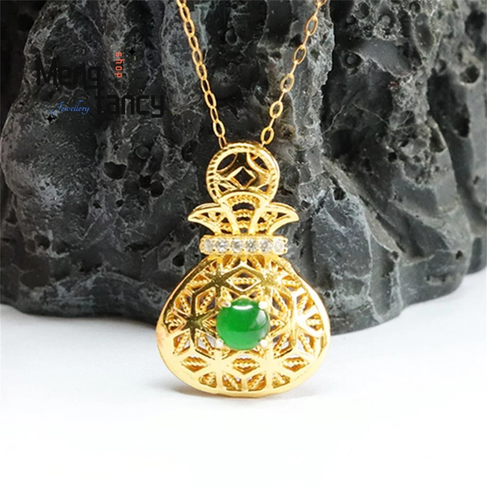 S925 Silver Lnlaid Natural Jadeite Ice Type Imperial Green Blessing Bag Pendant Exquisite Elegant Simple High-grade Holiday Gift