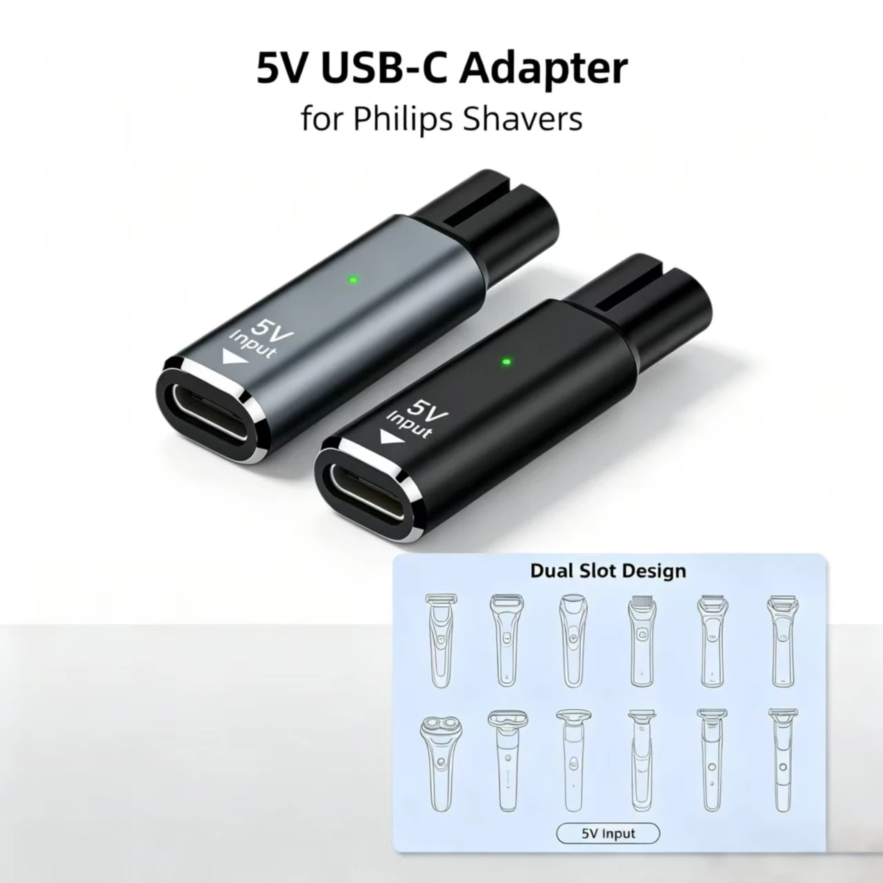 5V Type‑C Female to Dual Slot Male Adapter, USB‑C Charging Converter Compatible with Electric Shaver Hair Clipper, LED Indicator