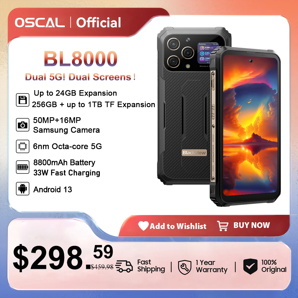 Smartphone OSCAL Blackview BL8000 5G, doppio schermo da 6.78 "2.4K, fotocamera da 24GB 512GB, 50mp, batteria da 8800mAh, ricarica rapida da 33W