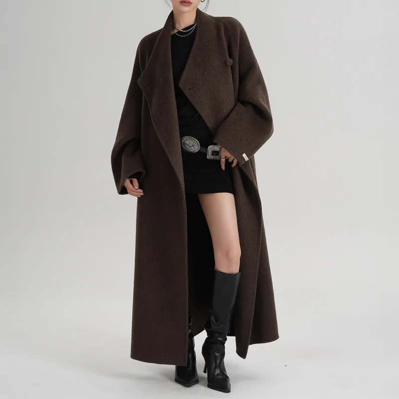 EAEOVNI معطف طويل أنيق من الصوف للنساء موضة الوقوف طوق بلون حزام متجمع الخصر الشتاء مزاجه سترة 2026 جديد #3