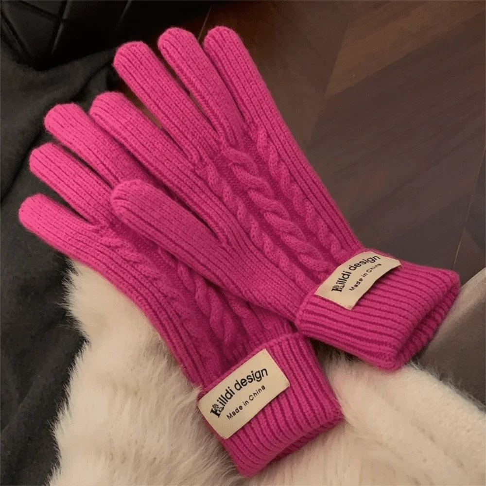 Polyester Cable Knitted Gloves Solid Color Long Cuff Design Full Finger Gloves Warm Lining One Size Cold Proof Gloves