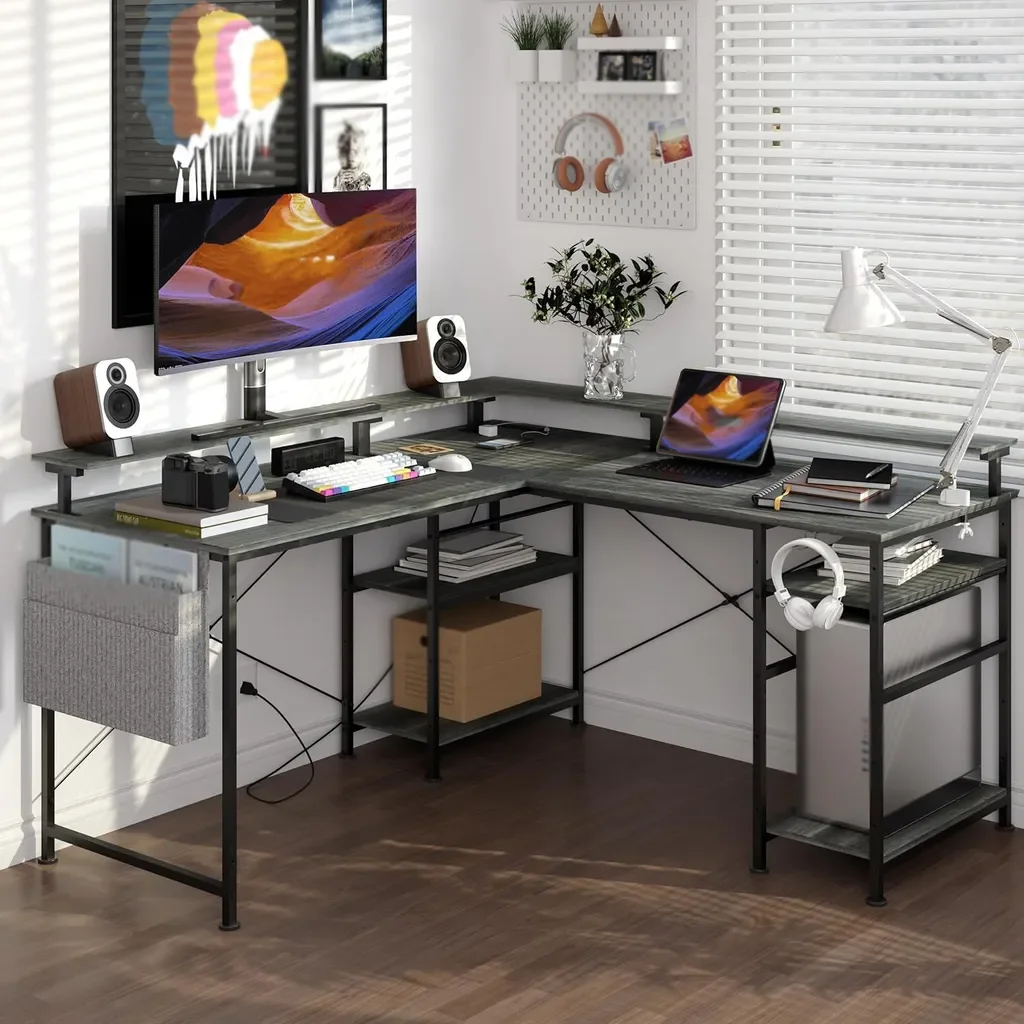 Modern 2-in-1 converteerbaar L-bureau, 140/230 cm, ergonomische monitorbladen, Power Hub, speeltafel