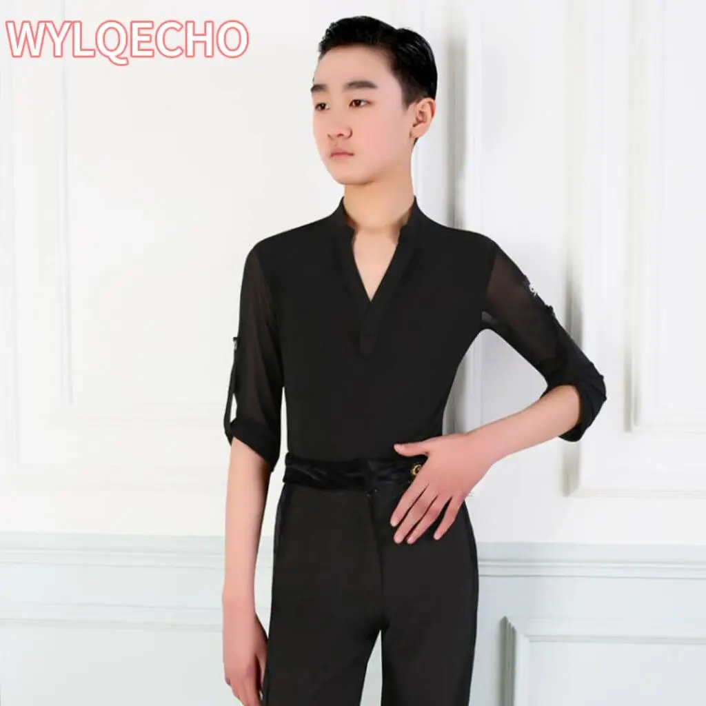 

2024 New Kids Boy Latin Dance Costumes Children Long Sleeve V-Neck Ballroom Dance Training Clothes Cha Cha Rumba Dancewear