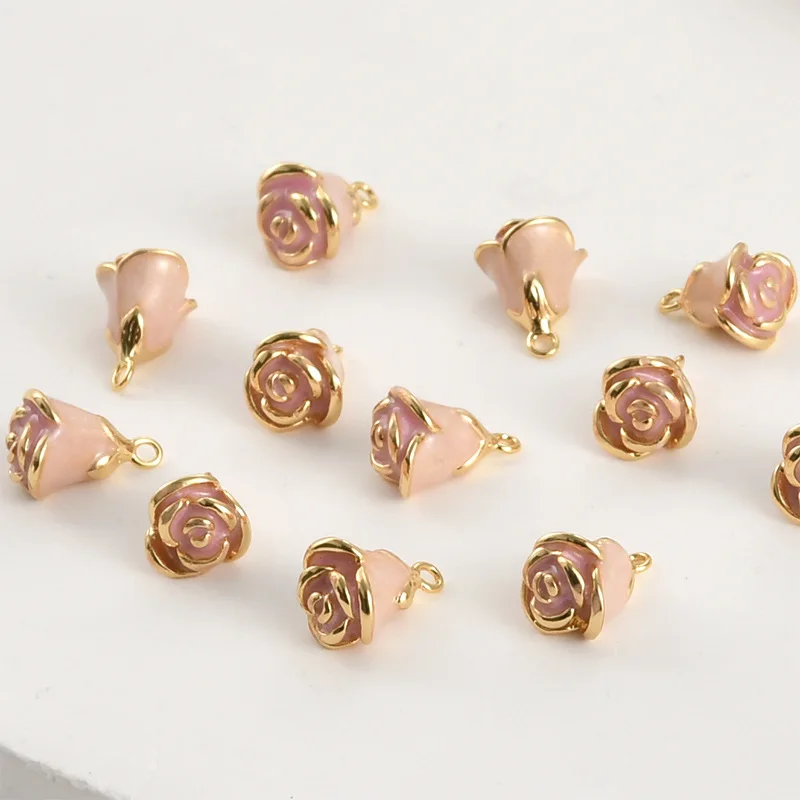 14K Real Gold Color Cherry Blossom Powder Rose Bud Oil Drop Pendant DIY Handmade Bracelet Necklace Earrings Accessories