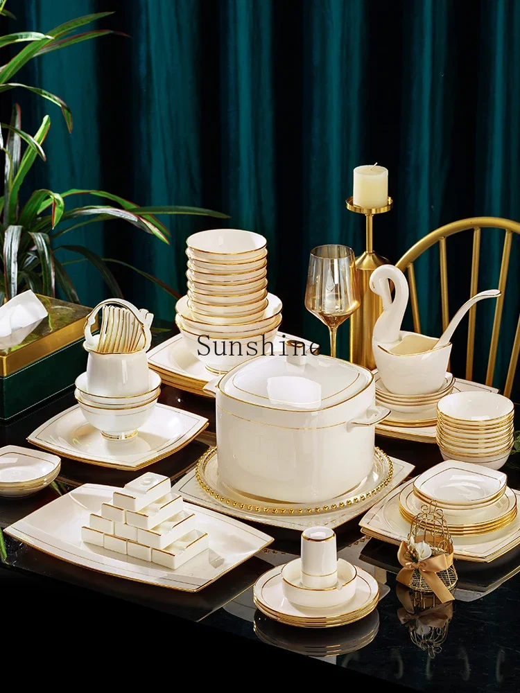 Set household high-end bowl and plate combination modern light luxury housewarming wedding gift bone china tableware