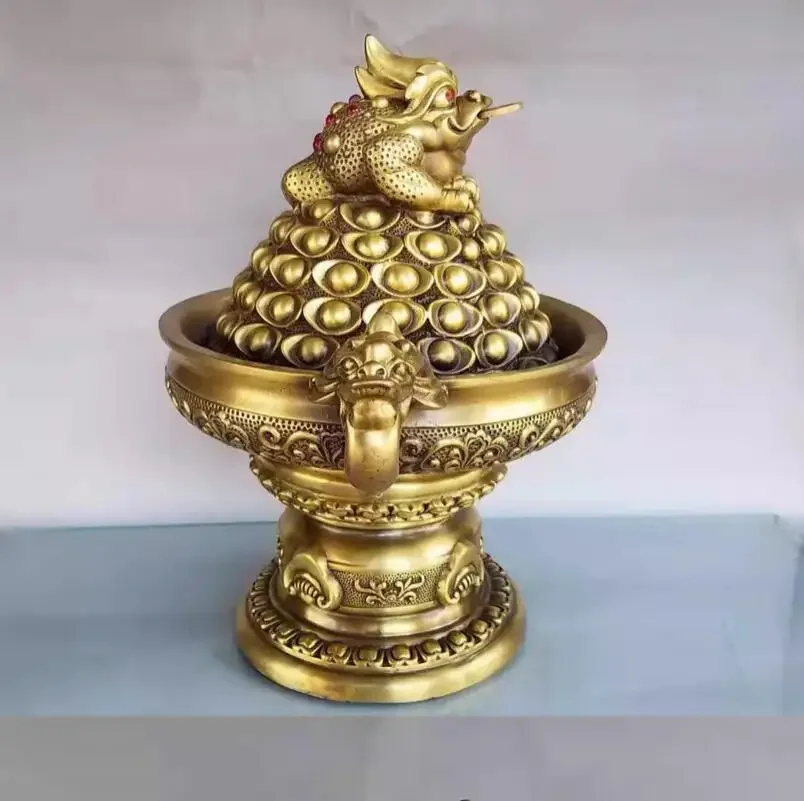 Metal 1 foot 3 double eared toad treasure bowl decoration, home and office cultural and creative ornaments