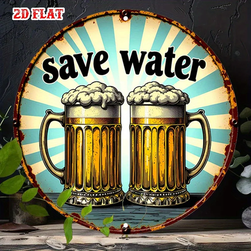2D Flat 1pc Vintage Beer Mug Retro Pub Decor - Save Water Funny Message - Heavy Beer Mug Art - Durable Aluminum Metal Sign