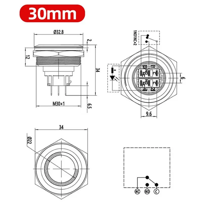 [NEWA08R】 30Mm 220V PC Power Symbol Metal Stainless Steel Waterproof Momentary/Locking LED Push Button Switch