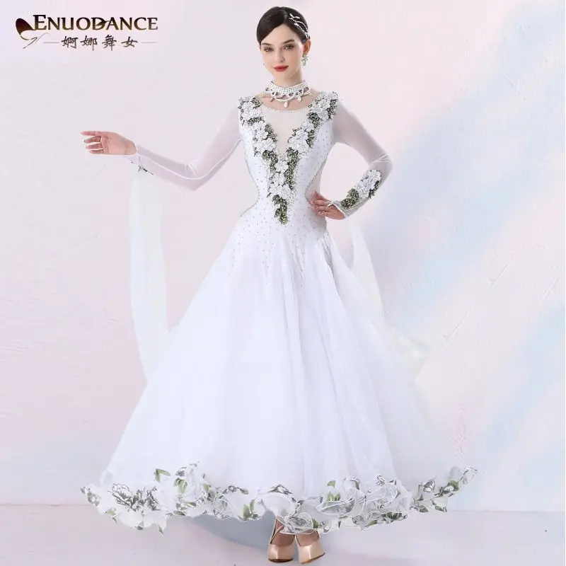 

Modern Waltz Tango Dance Dress Long Sleeve Rhinestone Floral Embroidered Ballroom Costume for Women