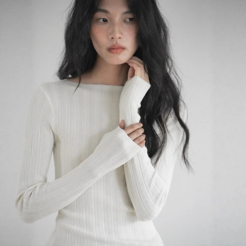 Women's French Retro Burgundy Knit Boat Neck Sweater Autumn Winter New Slim Fit Inner Wear Base Layer Top