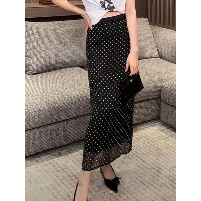 Women\'s Clothing 2024 Summer Fashion Polka Dot Print High Waist Long Skirts Office Lady Elegant Commuting Slim Party Maxi Skirt