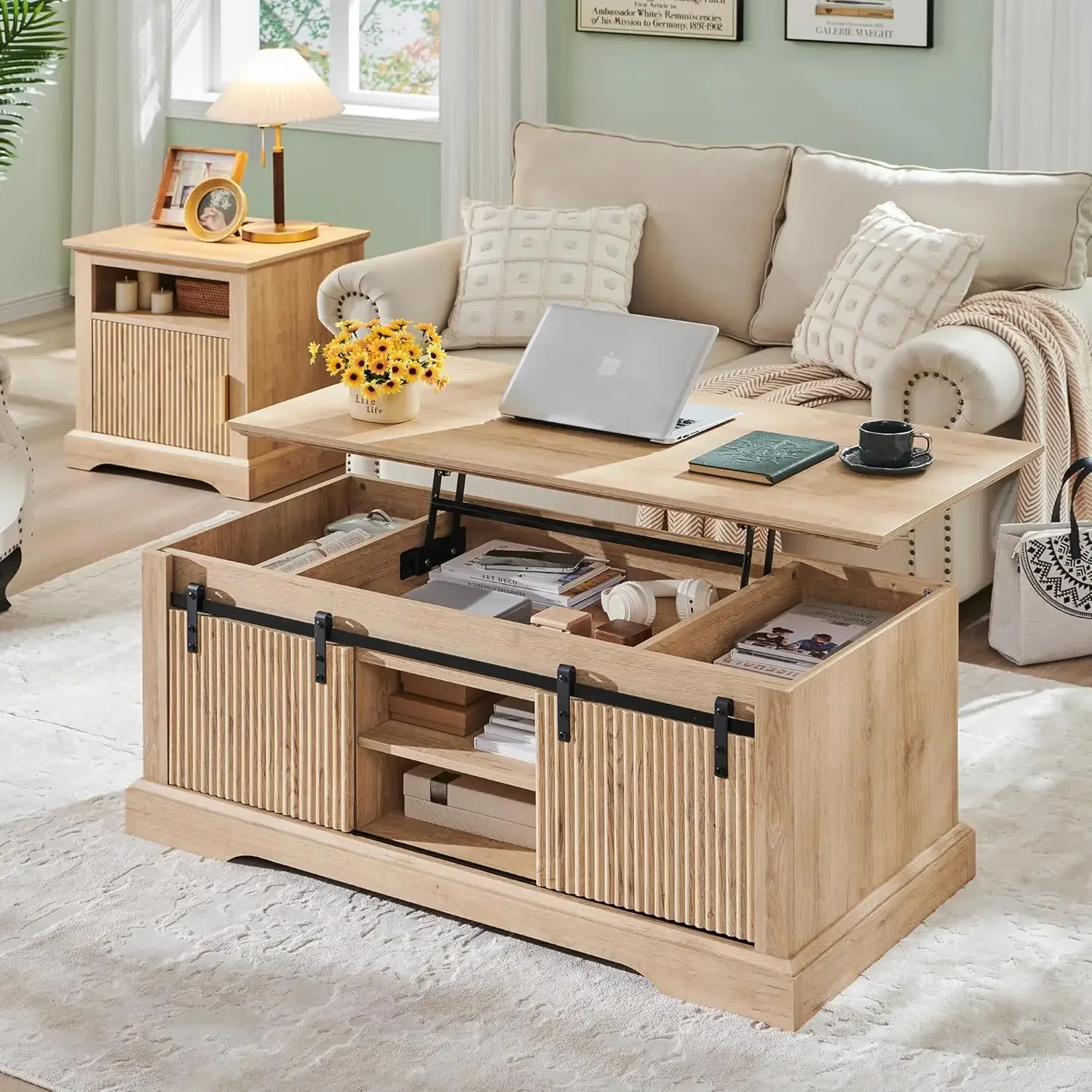 46" Fluted Lift Top Coffee Table with Sliding Door, Modern Center Table w/Adjustable Storage Shelf & Hidden Compartment,