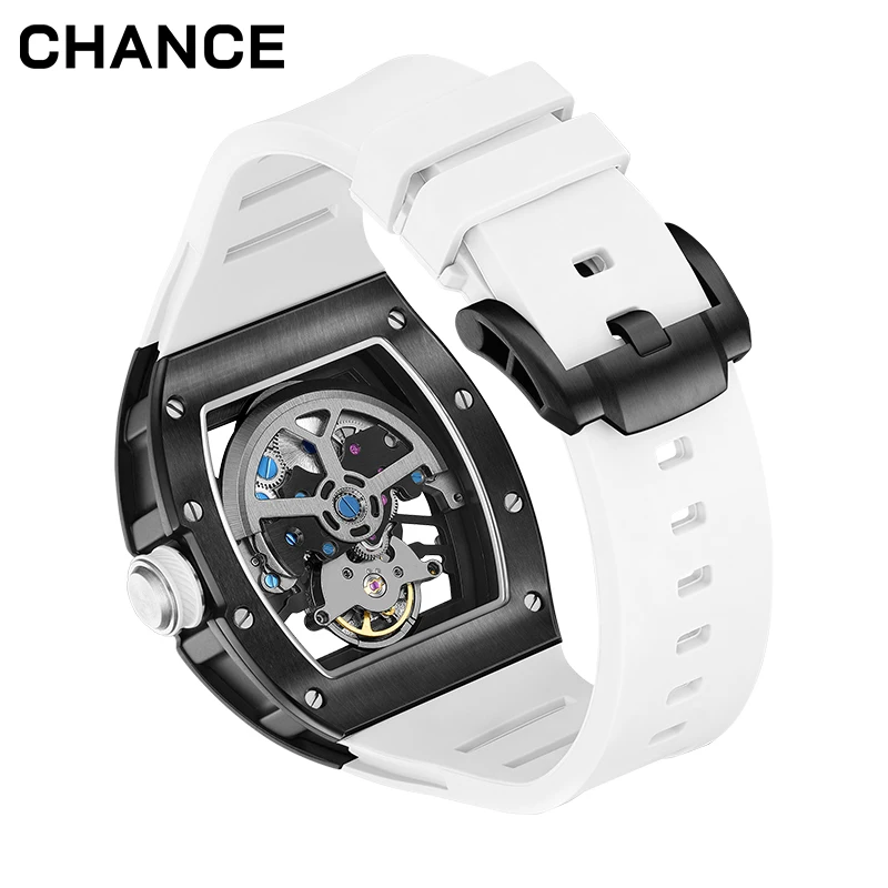 MORDO JC-9-190G-7 Carbon Fiber Luxury Hollow Dial Automatic Watches Waterproof Luminous Silicone Strap Men Mechanical Watch