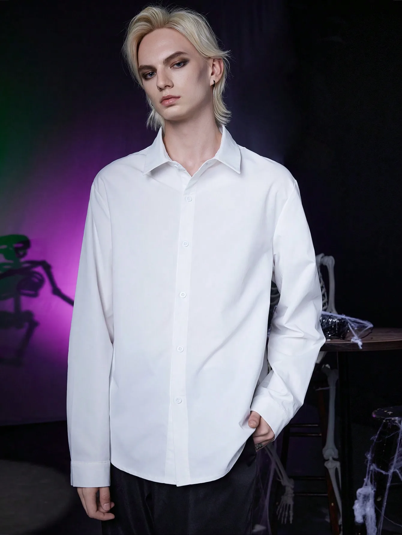 

Men's White Solid Button-Front Casual Shirt, Gothic-Inspired Loose Fit for Spring Fall